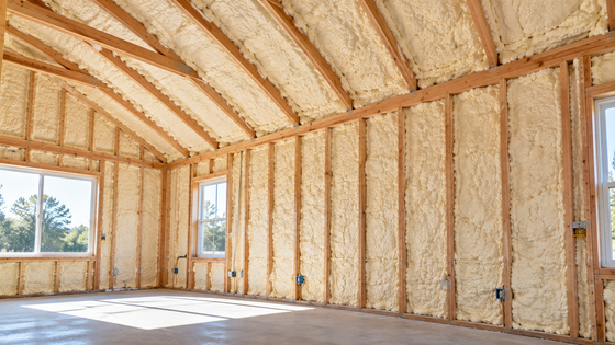 Completed open-cell spray foam insulation in Tyler, Texas, featuring insulated wall cavities, vaulted ceilings, exposed wooden framing, and a spacious residential interior.