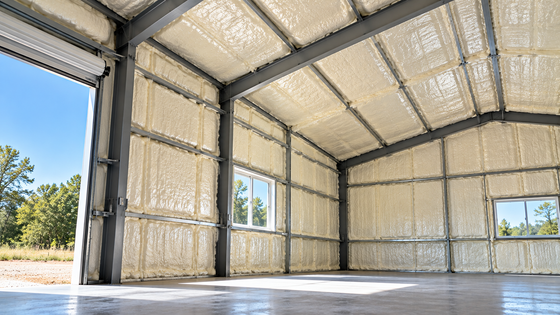 Completed closed-cell spray foam insulation in Tyler, Texas, featuring insulated metal walls and ceiling, exposed steel framing, and a clean, spacious building interior.