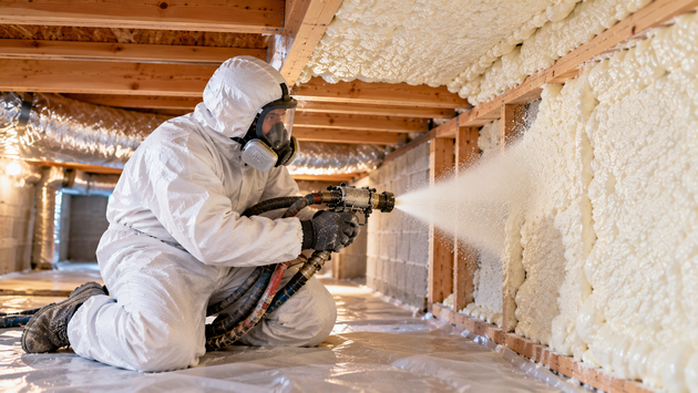 Spray foam insulation technician wearing full white protective gear and a respirator applying insulation inside a residential crawl space in Tyler, Texas.