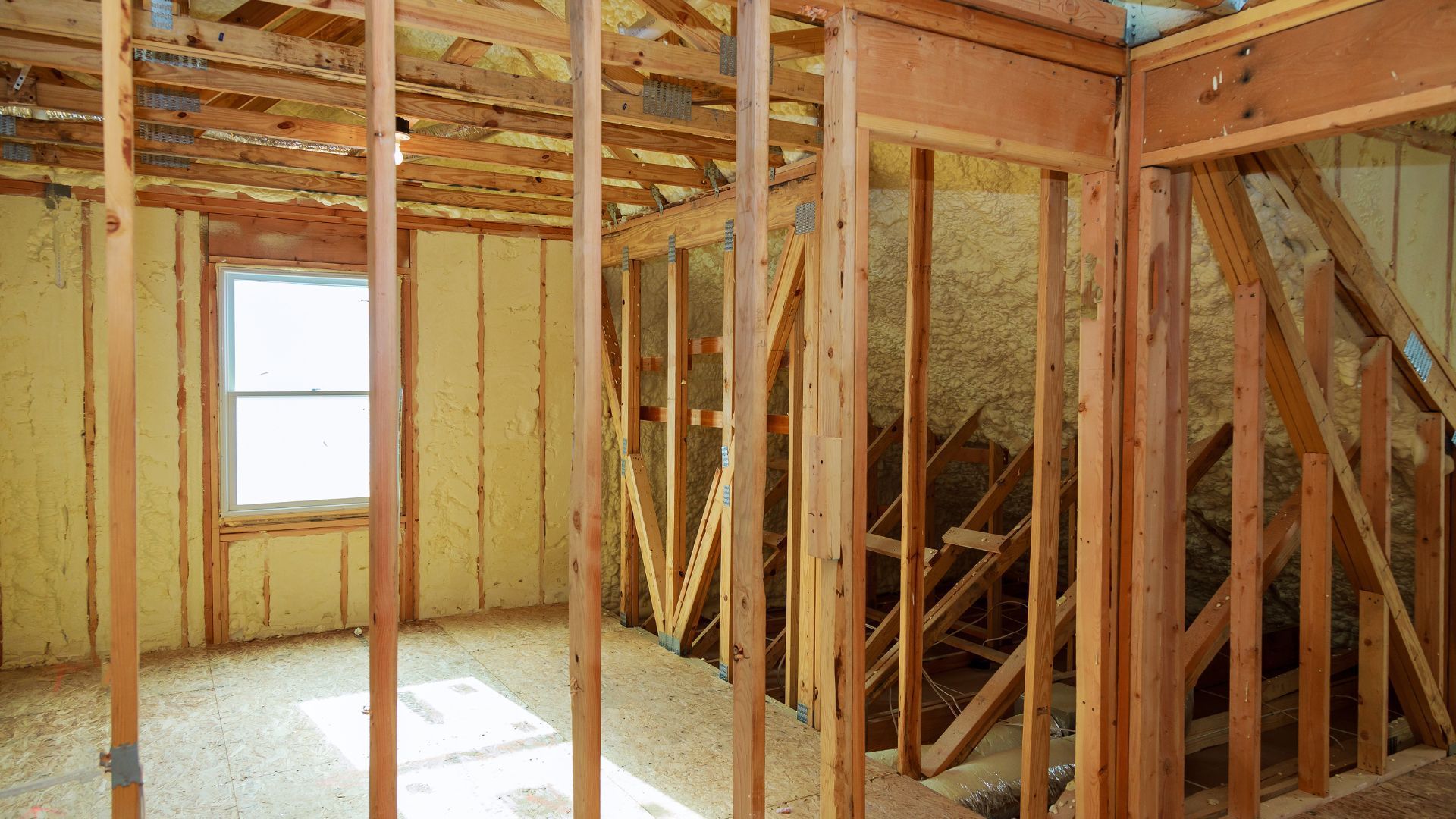 Interior walls covered with professionally applied closed cell spray foam insulation for improved thermal protection and air sealing.
