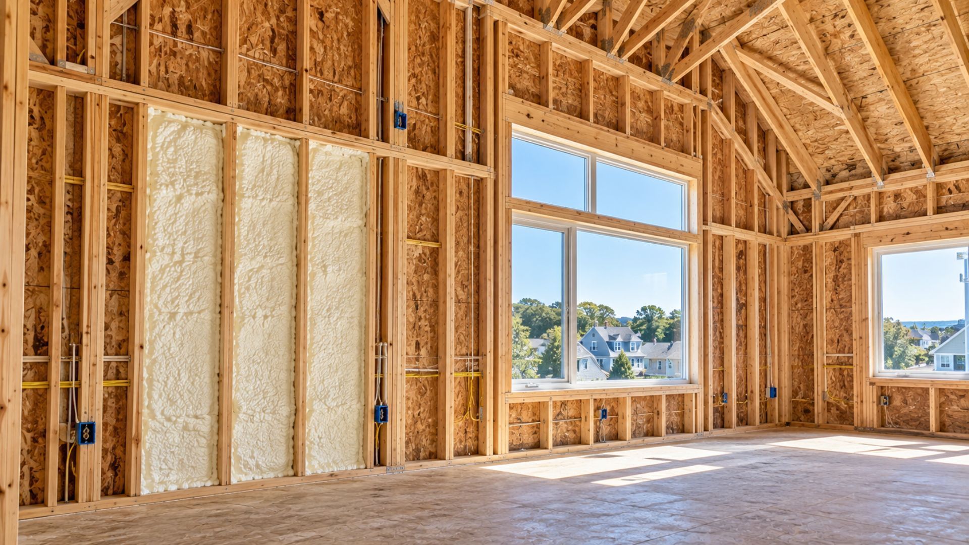 Uneven spray foam insulation coverage along exposed pole barn walls, showing irregular foam thickness and gaps between wooden framing in Tyler, Texas.