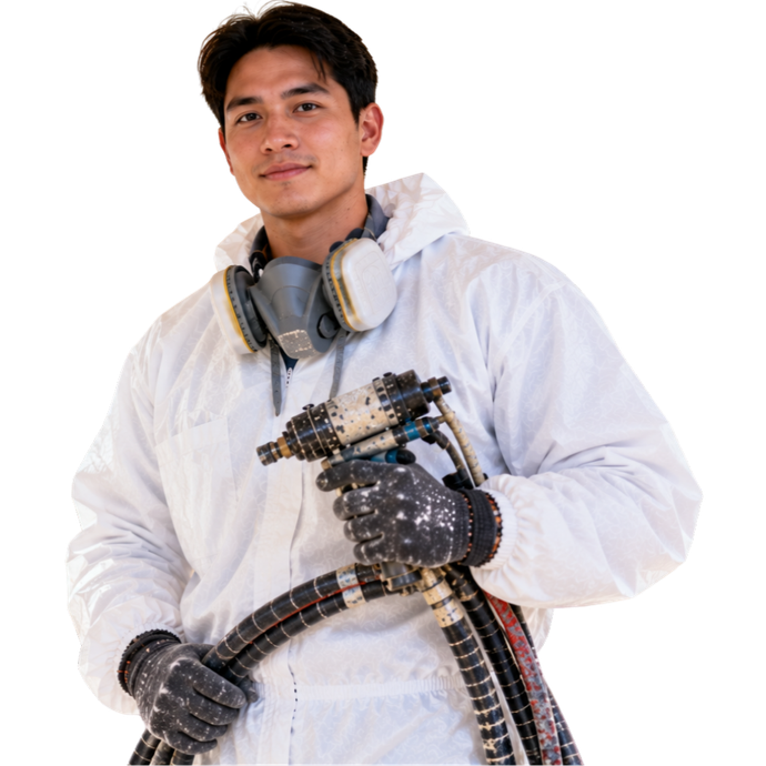 Professional spray foam insulation technician in white protective gear facing the camera and holding spray foam equipment inside an insulated residential property in Tyler, Texas.