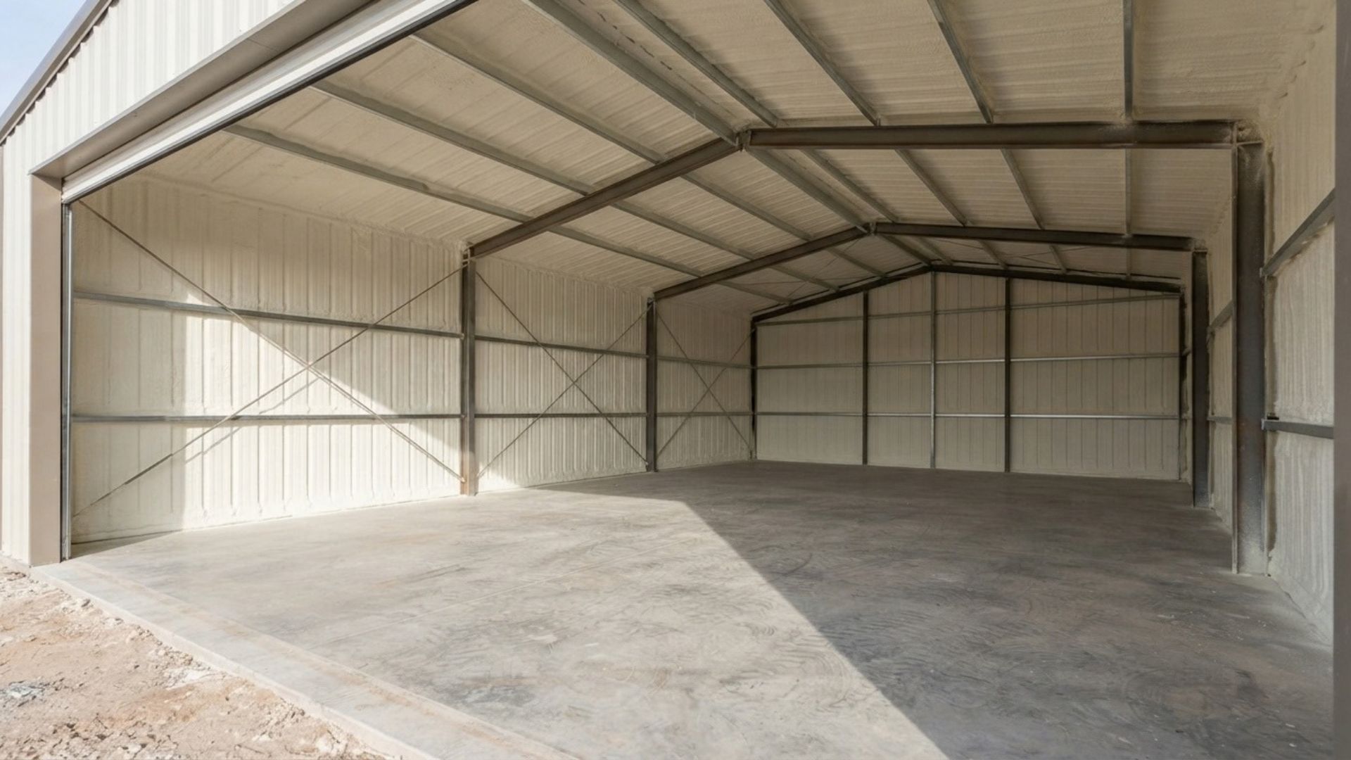 High-density closed-cell spray foam insulation covering interior metal wall panels and roof sections of a commercial building in Tyler, Texas.