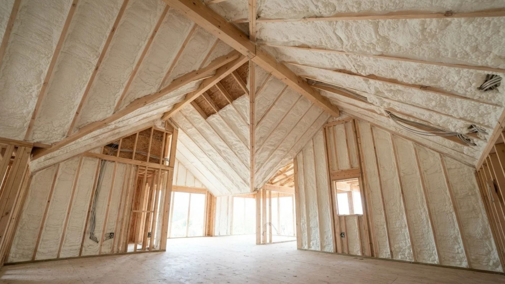 Finished closed-cell spray foam insulation installed along exposed attic roof rafters, providing continuous insulation coverage in a Tyler, Texas home.