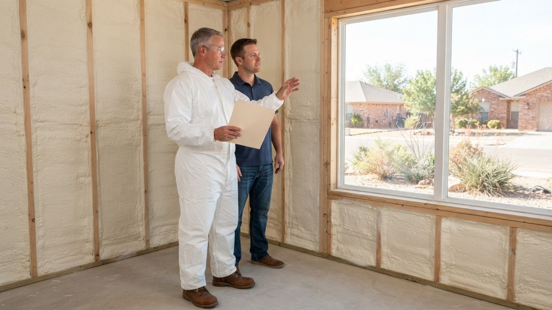 Spray foam insulation contractor reviewing project measurements with a homeowner in Tyler, Texas.