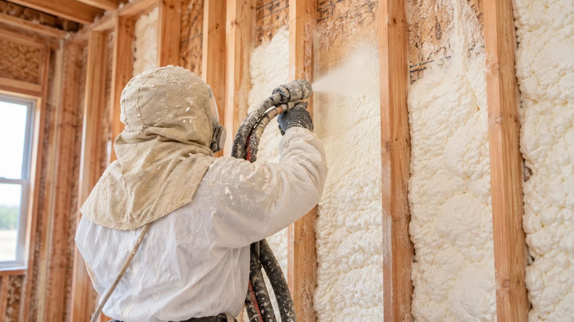 Professional spray foam insulation technician wearing full white protective gear carefully inspecting completed closed-cell insulation inside a residential property in Tyler, Texas.
