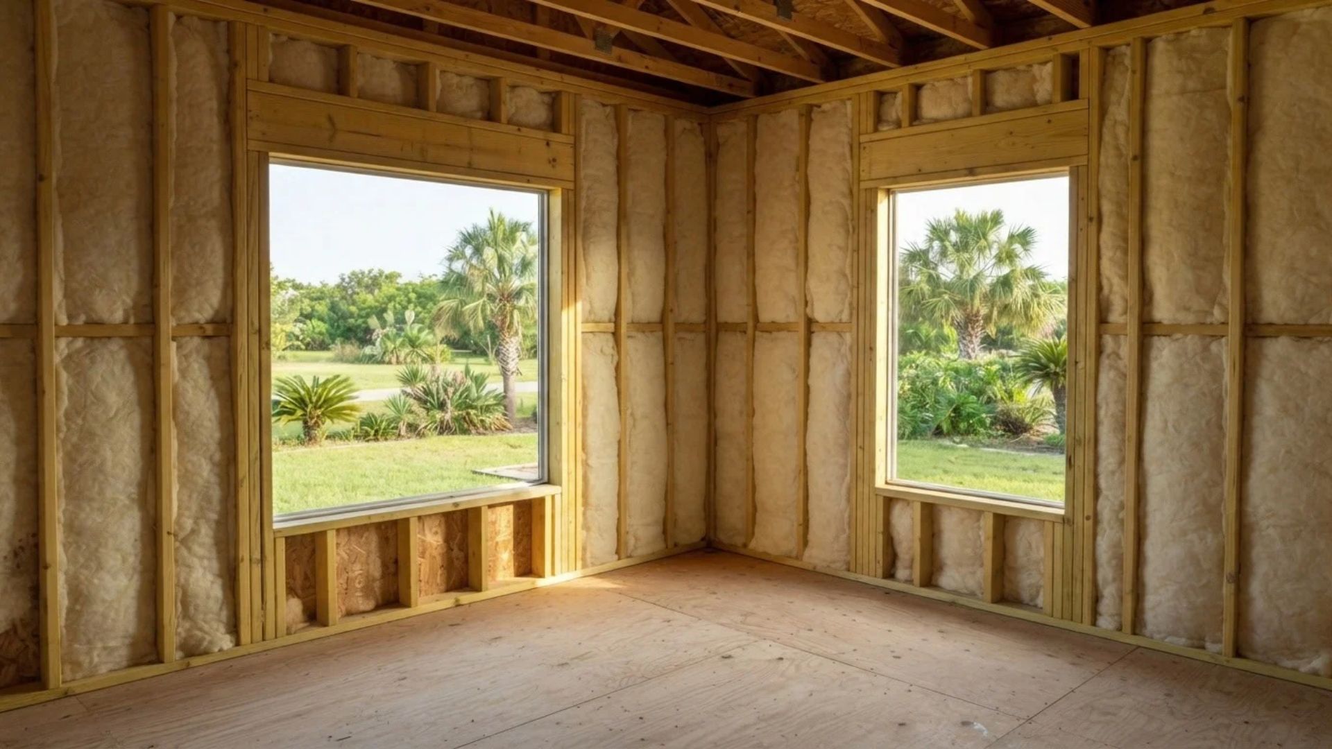 Completed open-cell spray foam insulation filling exposed wooden wall cavities and roof rafters inside a residential property in Tyler, Texas.
