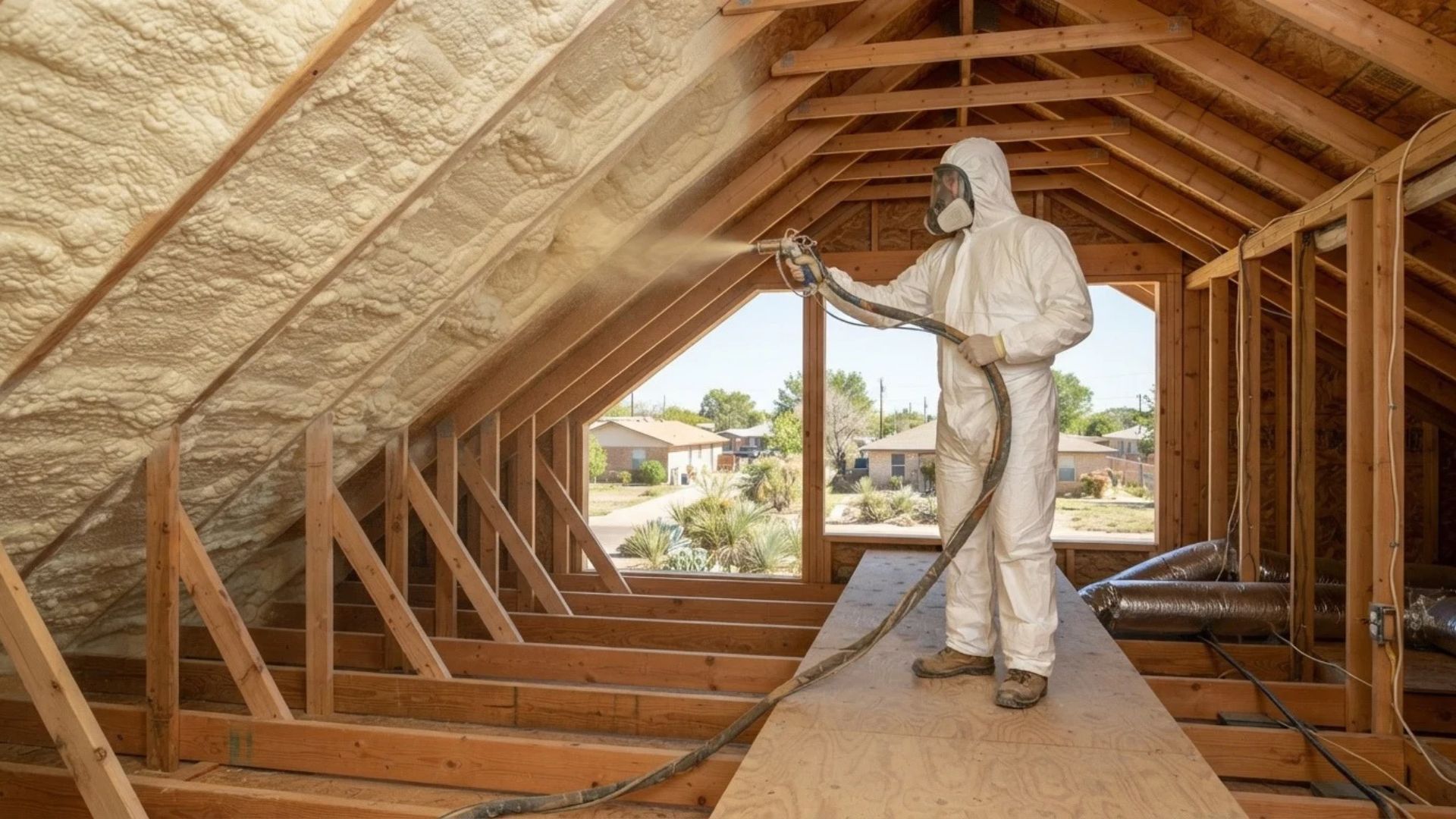Professional insulation technician wearing full white protective gear, goggles, and a respirator applying open-cell spray foam between wooden wall studs during a residential installation in Tyler, Texas.
