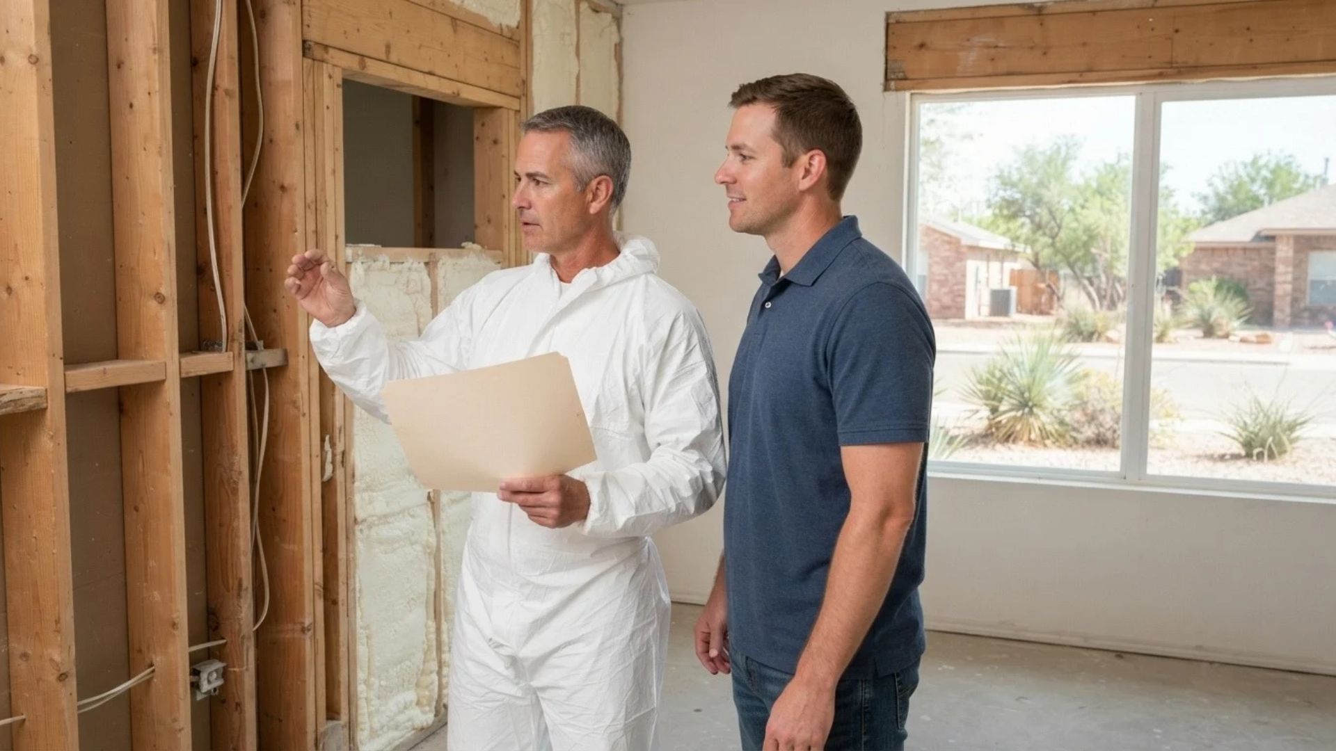 Spray foam insulation specialist reviewing open-cell insulation estimates, project measurements, and material requirements with a homeowner in Tyler, Texas.
