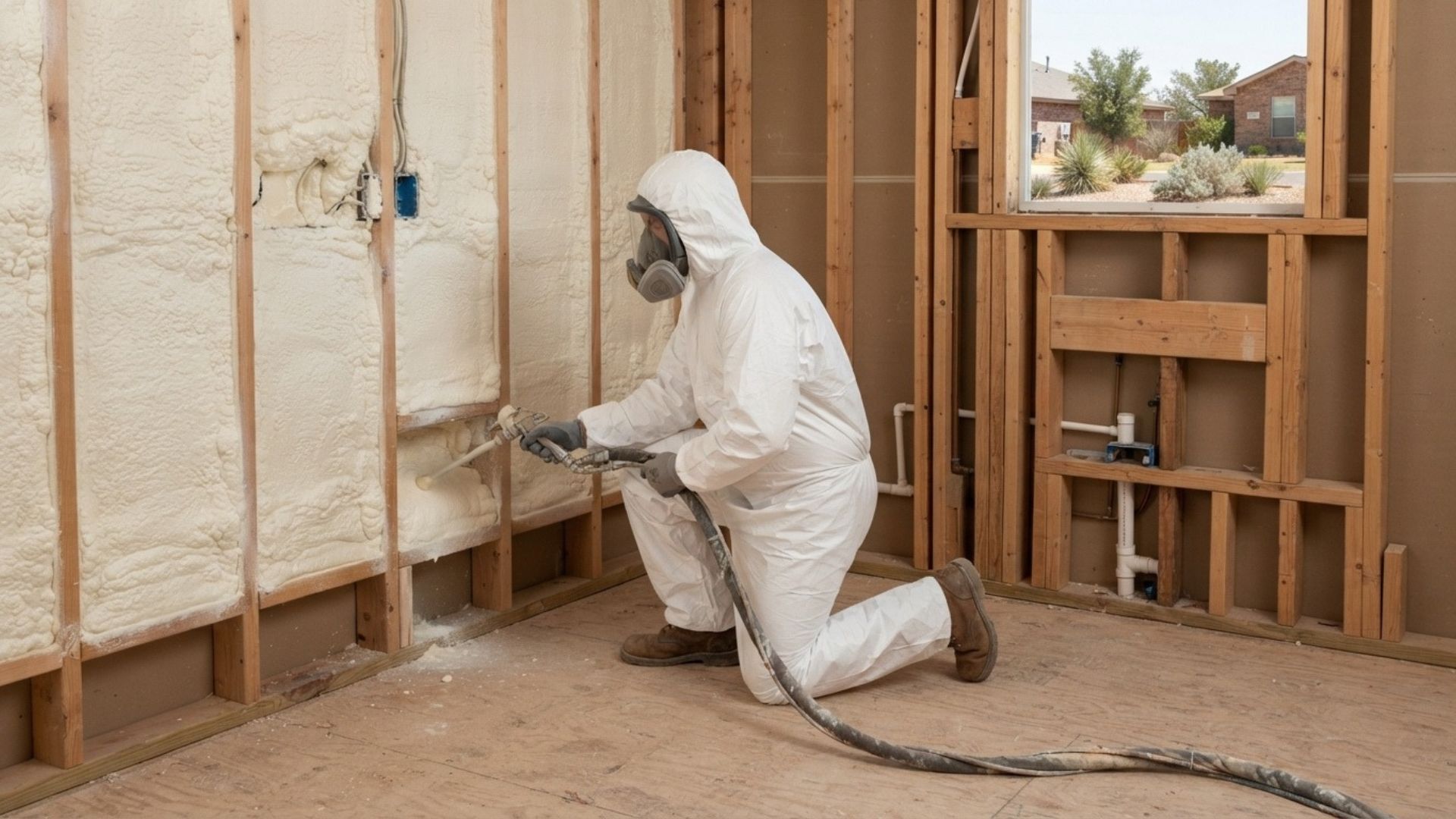 Professional spray foam insulation technician wearing full white protective gear, goggles, and a respirator applying open-cell spray foam to exposed wall cavities during a residential insulation project in Tyler, Texas.