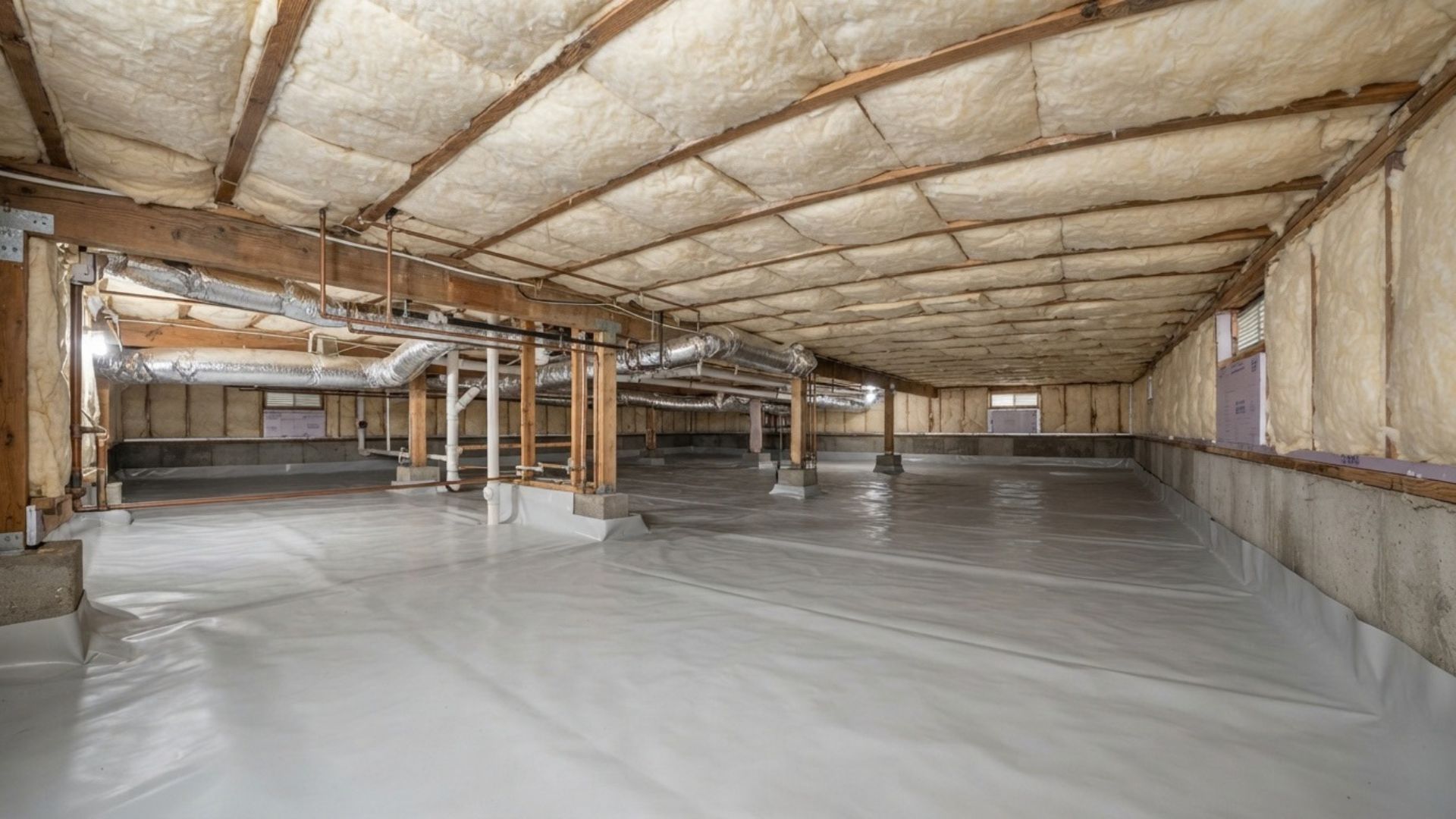 Completed spray foam insulation applied between exposed wooden floor joists in a residential crawl space in Tyler, Texas, showing consistent insulation coverage.
