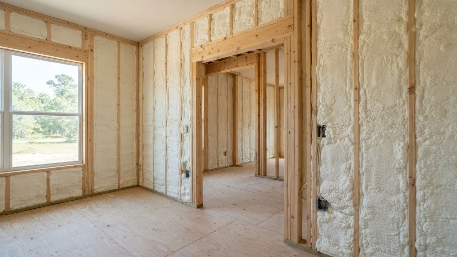 Finished open-cell spray foam insulation covering the underside of attic roof decking between wooden rafters in a Tyler, Texas home.