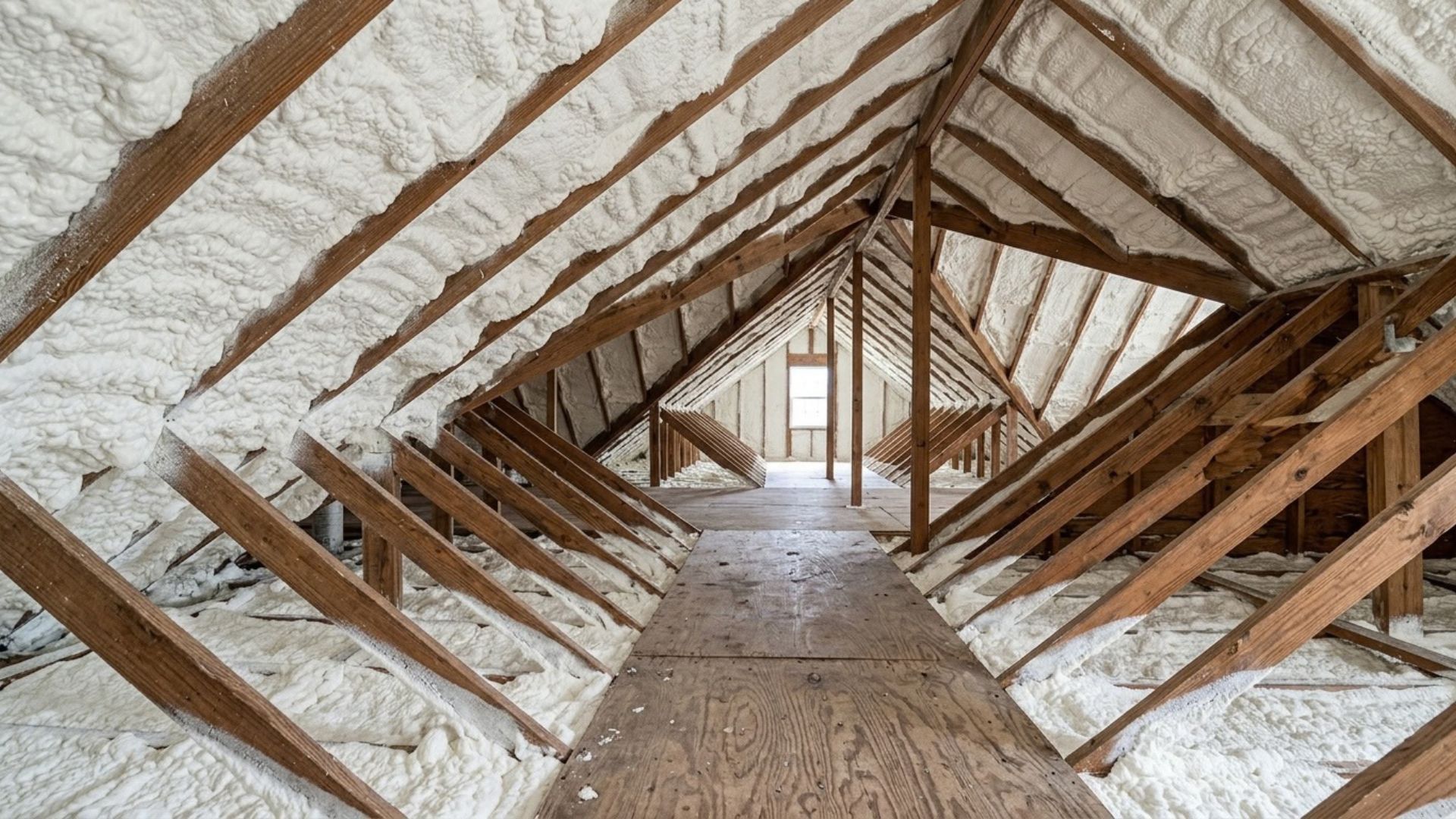 Completed open-cell spray foam insulation evenly filling exposed wooden wall cavities inside a newly constructed residential home in Tyler, Texas.