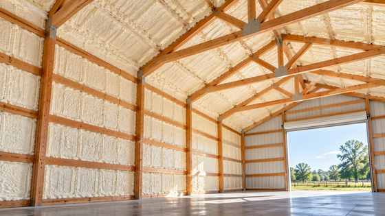 Completed pole barn spray foam insulation in Tyler, Texas, featuring insulated walls and roof panels, exposed wooden framing, and a spacious interior.