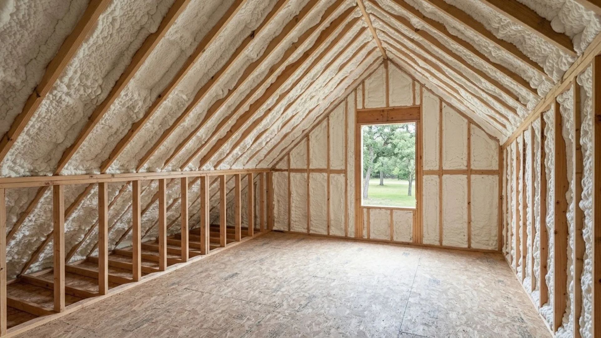 Completed attic insulation project in Tyler, Texas, featuring thick spray foam installed between roof trusses, exposed structural beams, and HVAC ductwork.