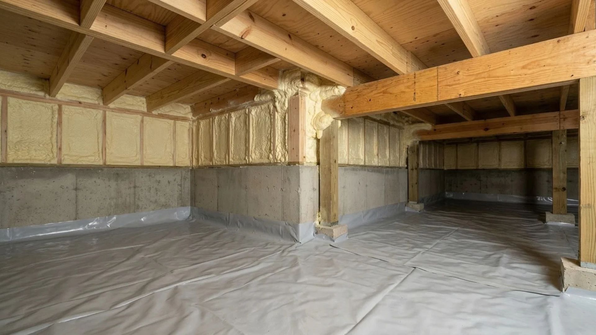 Completed crawl space spray foam insulation applied between exposed wooden floor joists, providing consistent insulation coverage beneath a residential home in Tyler, Texas.