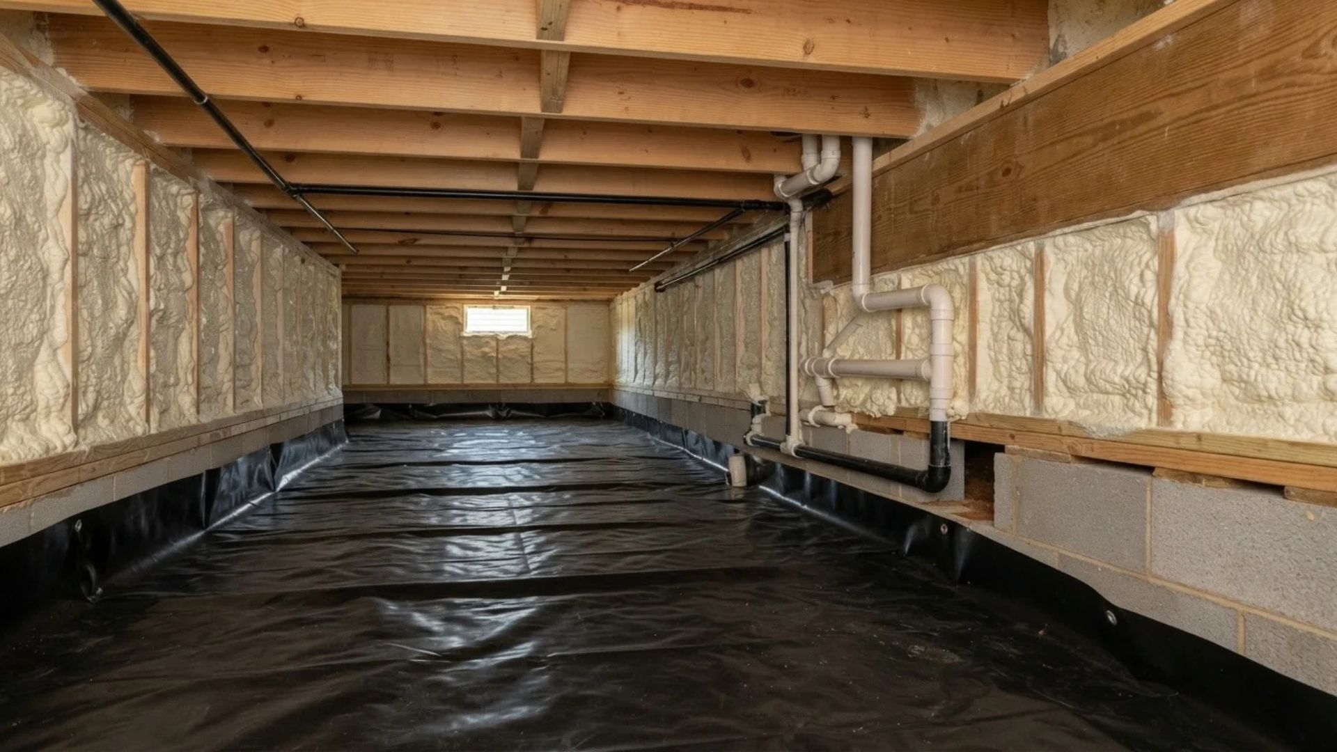Finished crawl space insulation project featuring closed-cell spray foam covering concrete foundation walls and rim joists beneath a residential property in Tyler, Texas.