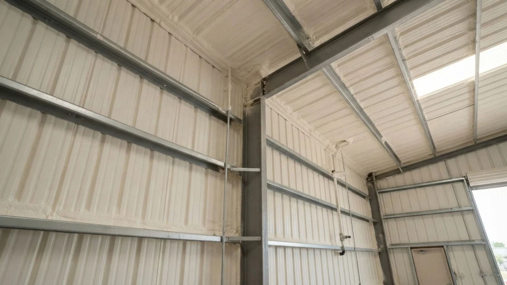 Completed metal building spray foam insulation in Tyler, Texas, featuring closed-cell foam evenly applied to corrugated steel wall panels between exposed metal framing.