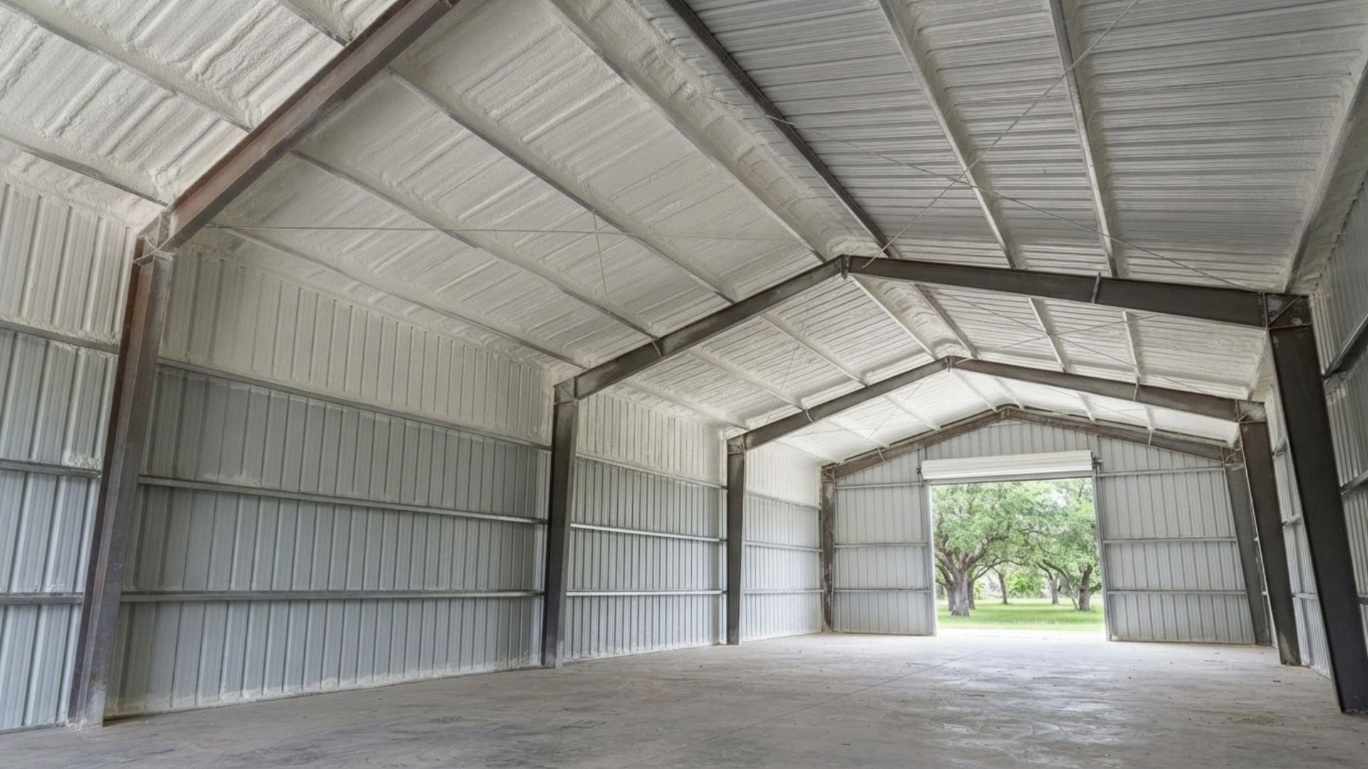Completed commercial metal building insulation project in Tyler, Texas, featuring spray foam applied across interior metal walls and ceiling panels with exposed structural steel framing.