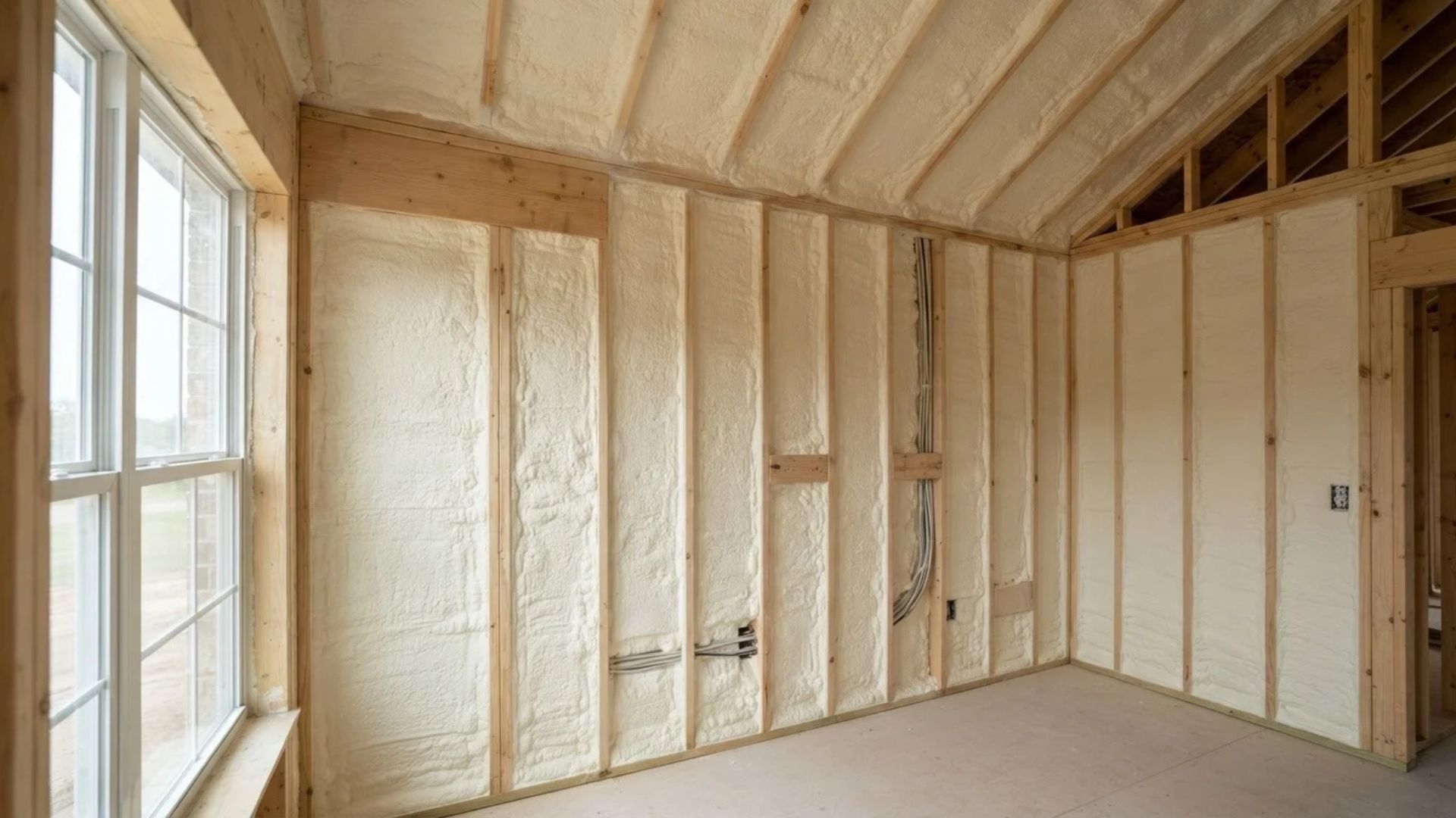 Finished spray foam insulation applied beneath a pole barn's metal roofing, covering exposed wooden rafters and roof supports in Tyler, Texas.