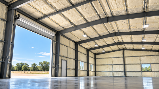 Completed metal building spray foam insulation in Tyler, Texas, featuring insulated steel walls and ceiling, exposed structural beams, and a spacious commercial interior.