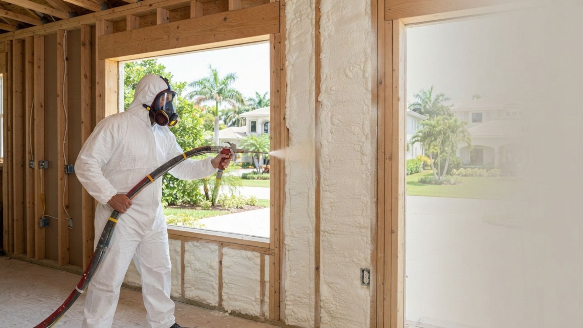 Professional spray foam insulation worker wearing a white protective suit, full-face respirator, and gloves applying expanding foam beneath a pole barn's metal roof in Tyler, Texas.