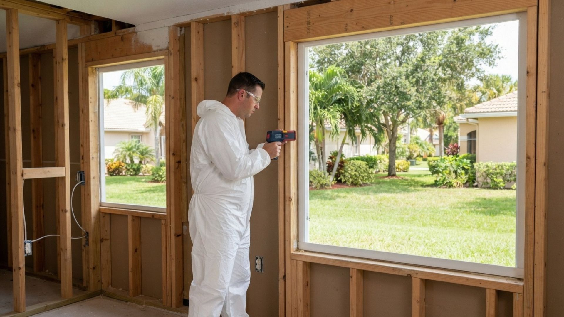 Spray foam insulation technician measuring insulation thickness along completed pole barn wall cavities to assess material coverage and installation requirements in Tyler, Texas.