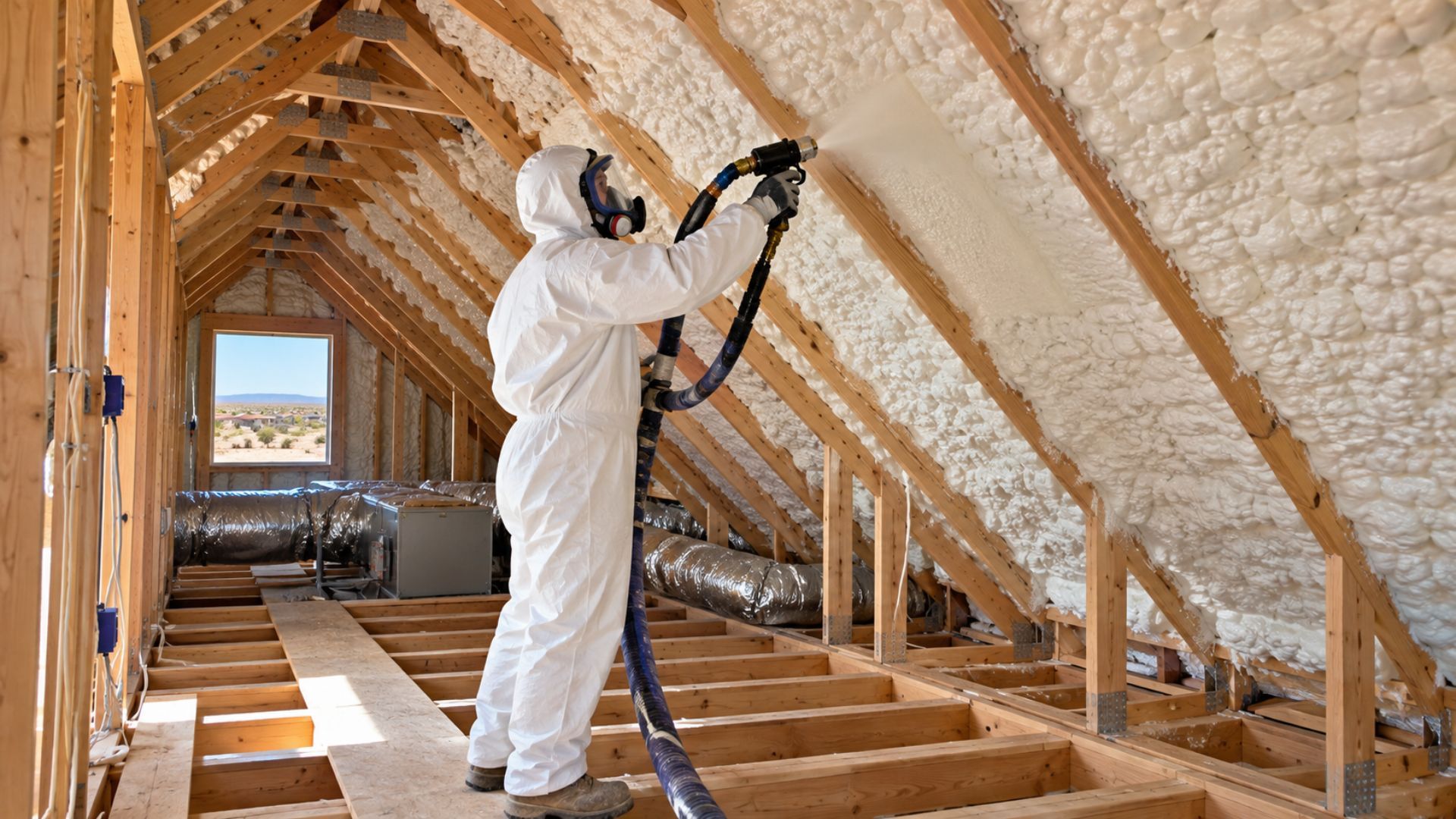 Experienced spray foam insulation contractor wearing full protective gear carefully applying insulation between wooden support posts inside a pole barn in Tyler, Texas.