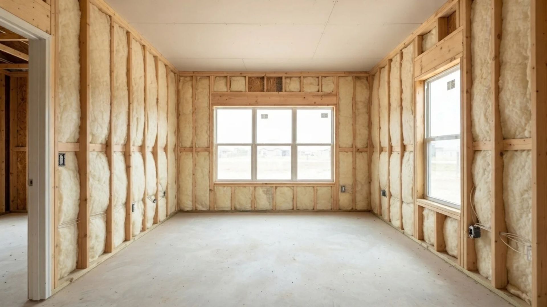 Completed agricultural pole barn insulation project in Tyler, Texas, featuring spray foam applied across walls with exposed wooden support posts and spacious interior flooring.