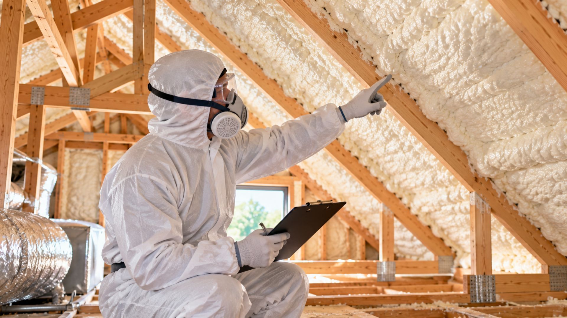 Professional insulation technician wearing full white protective gear checking the completed spray foam insulation installation in Tyler, Texas.