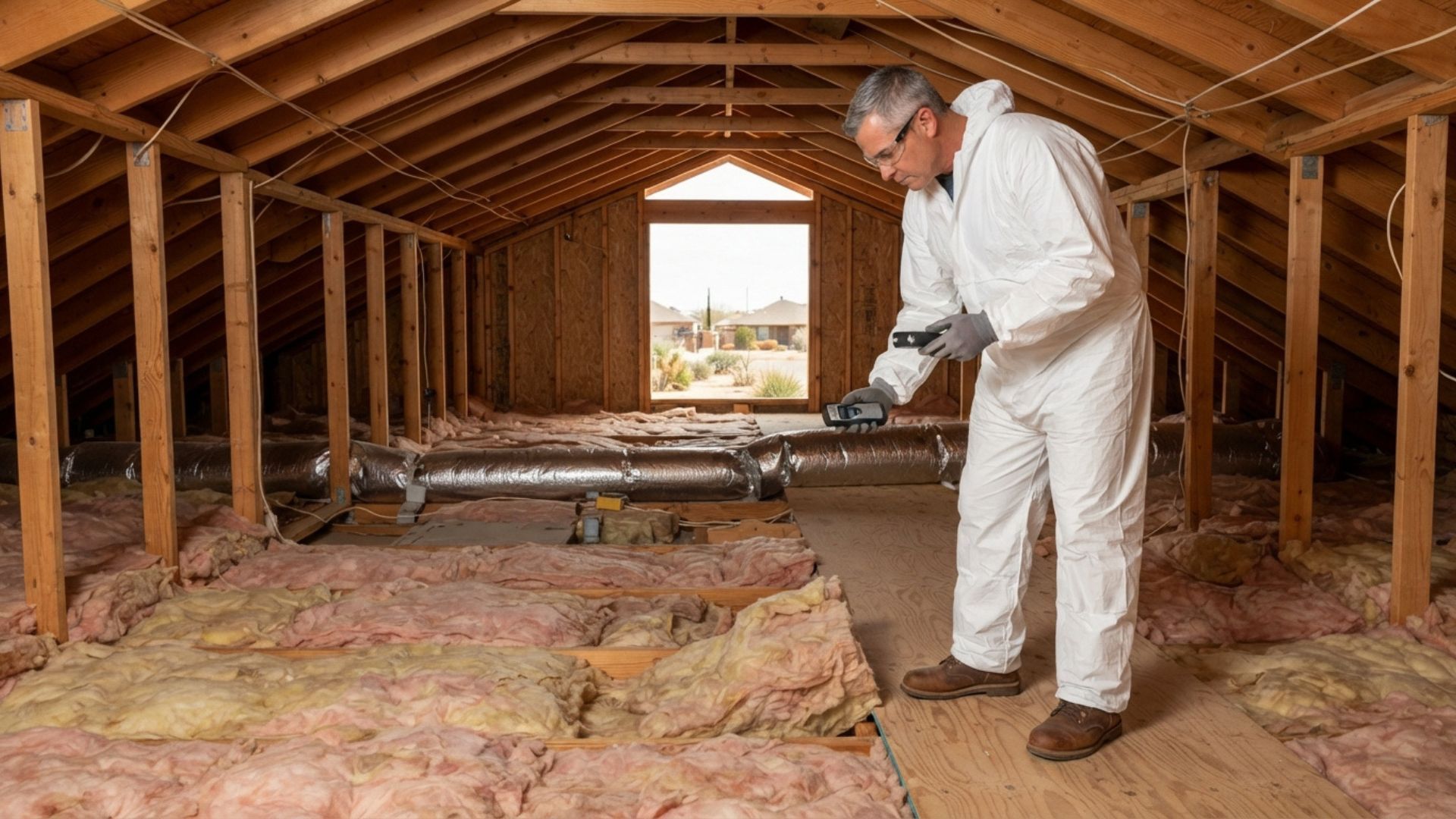 Spray foam insulation technicians wearing full white protective suits working thorough checking insulation in a residential property in Tyler, Texas.