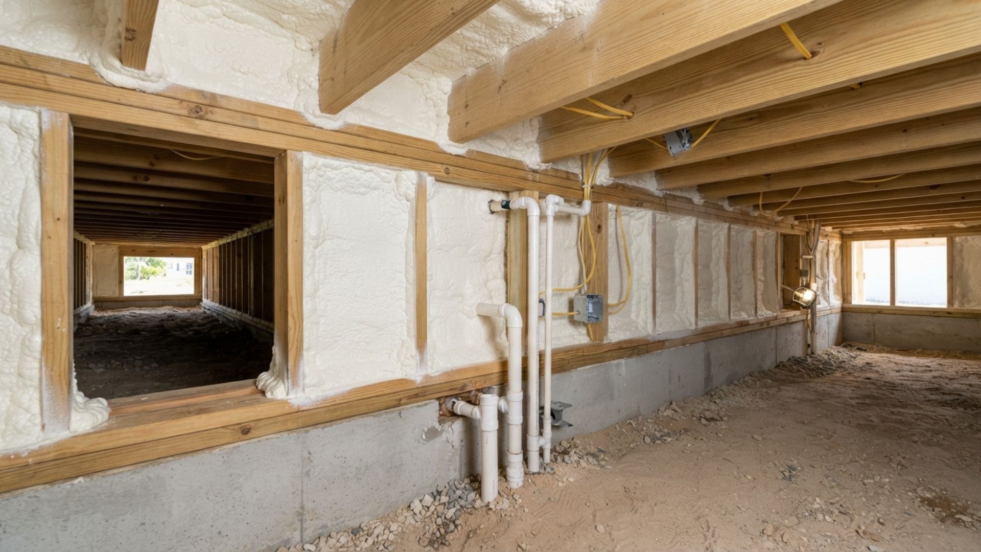 Uneven spray foam insulation of crawl space inside a residential crawl space in Tyler, Texas.