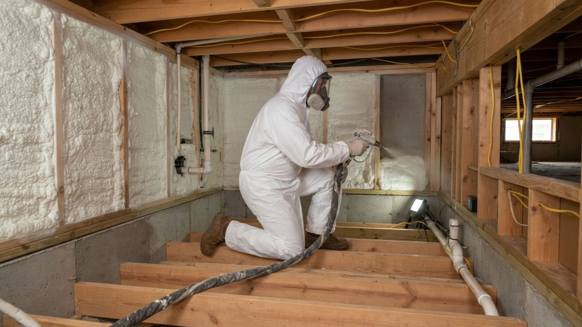 Professional spray foam insulation technician in white protective gear applying insulation to crawl space residential installation in Tyler, Texas.