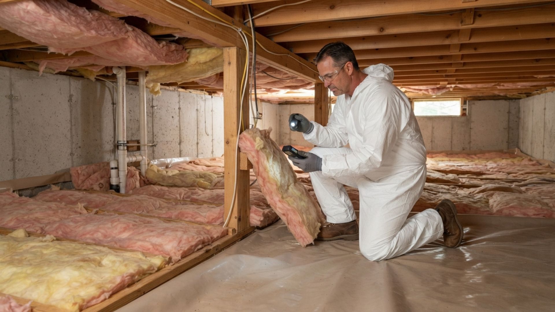 Spray foam insulation technician wearing full white protective suit, respirators, goggles, and gloves while checking the quality of the current foam in a residential property in Tyler, Texas.