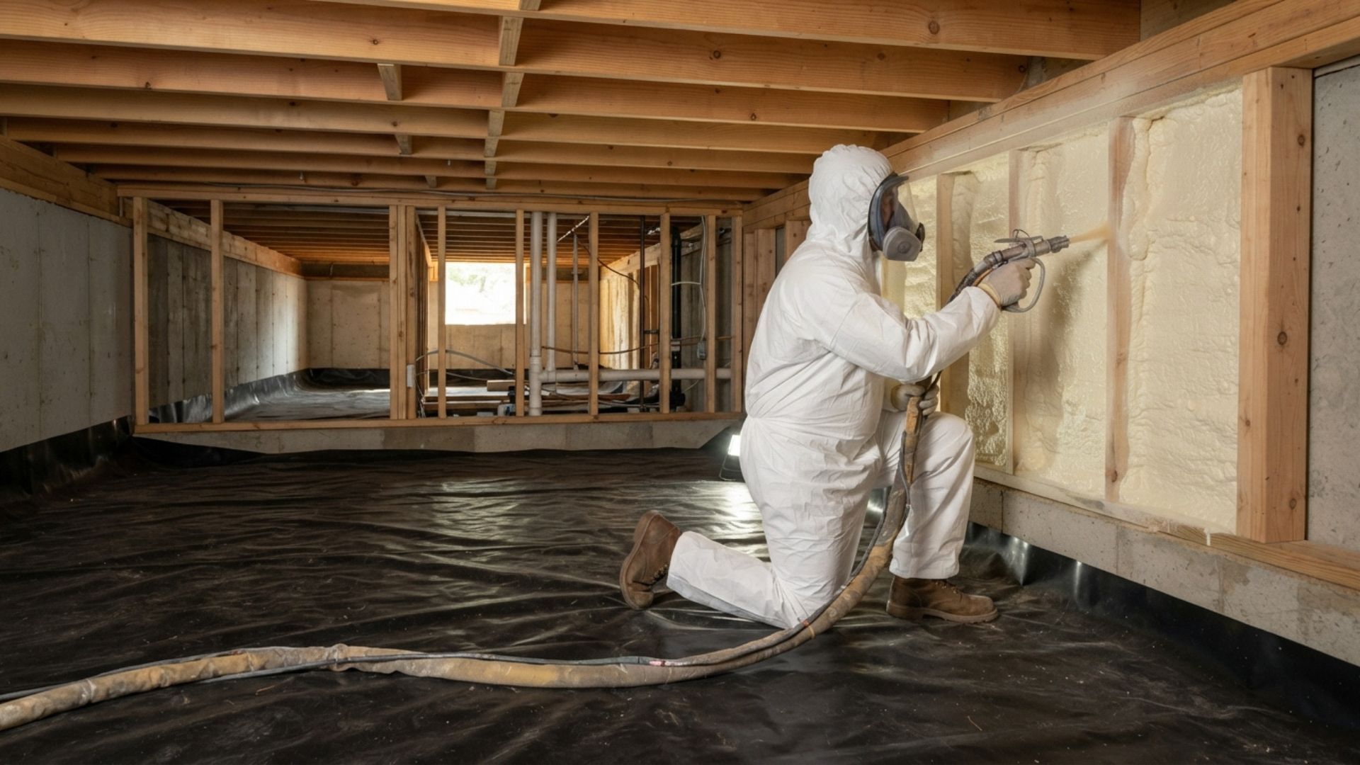 Wearing a full white gear while spraying spray foam around the crawl space area of the client in Tyler, Texas