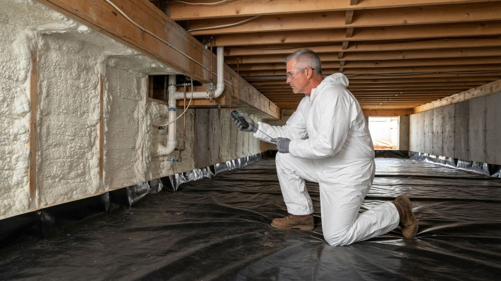 Checking the quality of the crawl space spray foam thoroughly in one of the Tyler's homeowners neighborhood