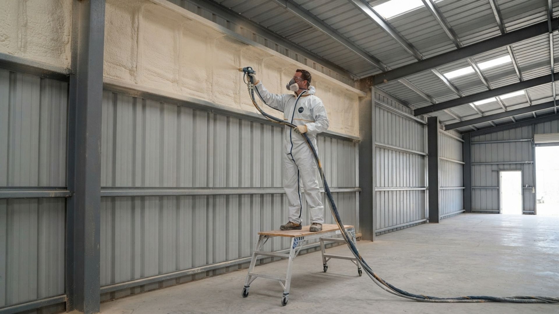 Professional spray foam insulation technician in white protective gear applying insulation to exposed metal wall cavities during a residential installation in Tyler, Texas.