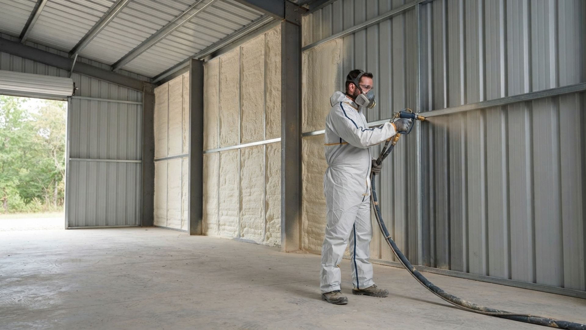 Working spray foam insulation team member started the whole process of completing the insulation of the metal building