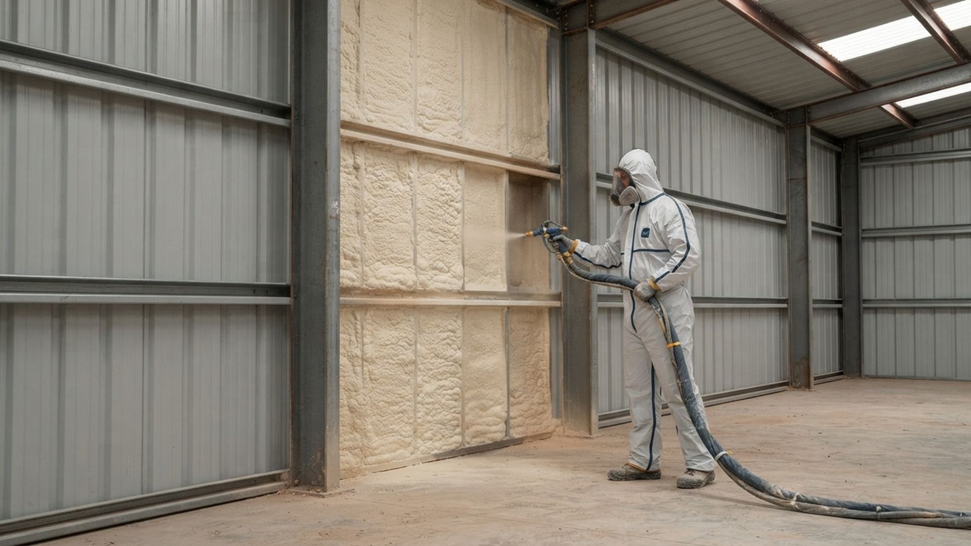 A spray foam worker in full white gear working in progress with the wall of metal building in Tyler