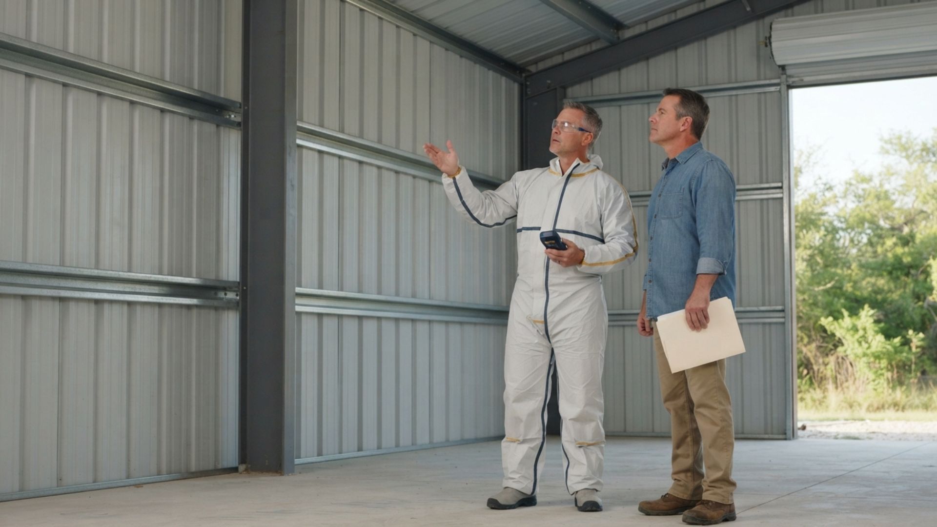 Discussing how spray foam insulation works in this building once started with a client in Tyler