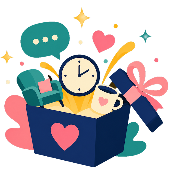 Gift box with a clock, coffee cup, chair, chat bubble, heart, and ribbon in bright pastel colors