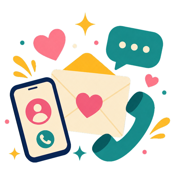 Colorful communication icons: phone, email envelope, chat bubble, hearts, and sparkles