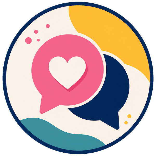 Two overlapping chat bubbles with a heart icon, in pink and navy on a white circular background