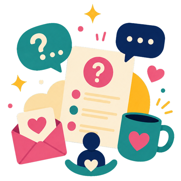 Colorful customer support icons with chat bubbles, question marks, envelope, document, and coffee mug