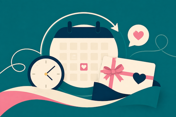 Calendar with clock, gift card, and heart icons on a teal background, suggesting a reminder or special date