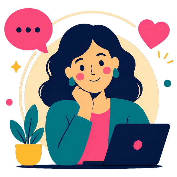 Woman at laptop with chat bubbles, heart, and plant in a colorful illustration
