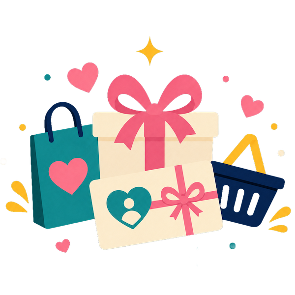 Colourful shopping bags, gift boxes, and hearts in a festive e-commerce illustration