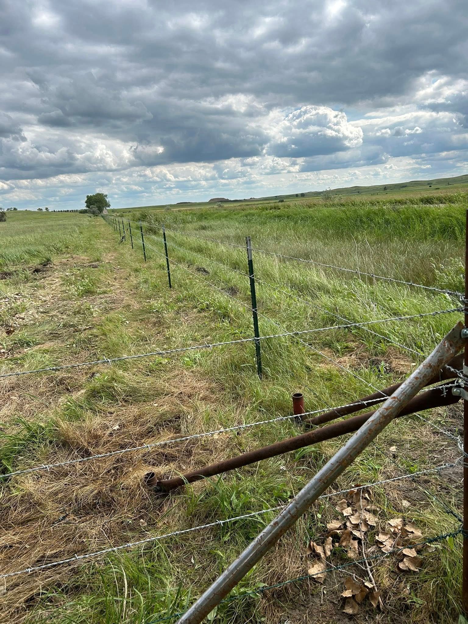 A barbed wire fence stretches through a grassy field under a cloudy sky.