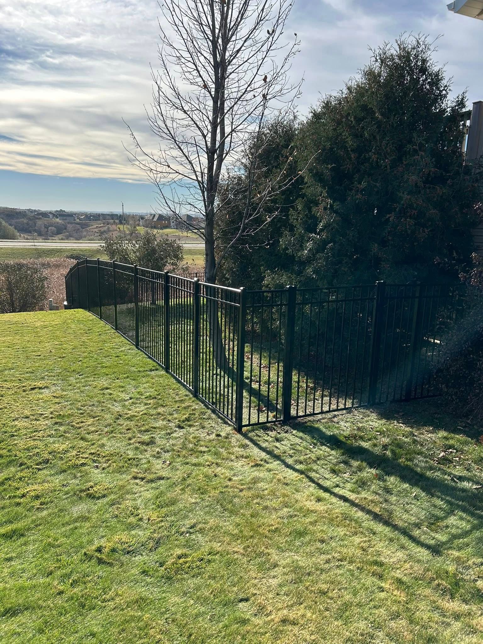 Black metal fence on a grassy hill, with trees and a cloudy sky in the background.