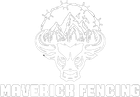 Maverick Fencing logo: bull head with mountains, trees, and barbed wire crown, text "Maverick Fencing" below.
